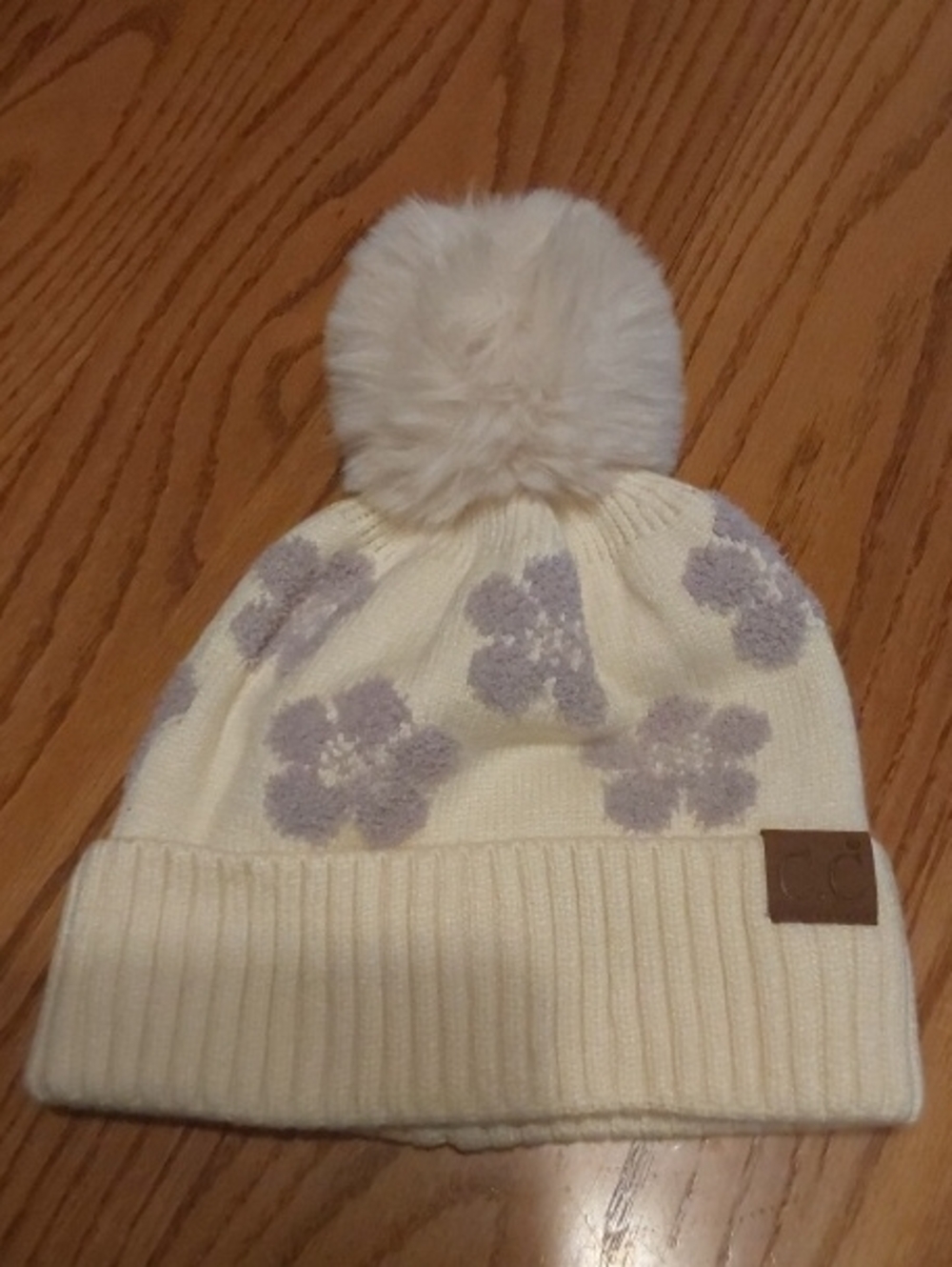 CC Cream Knit Kids Pom Beanie with Lilac Flower Accents